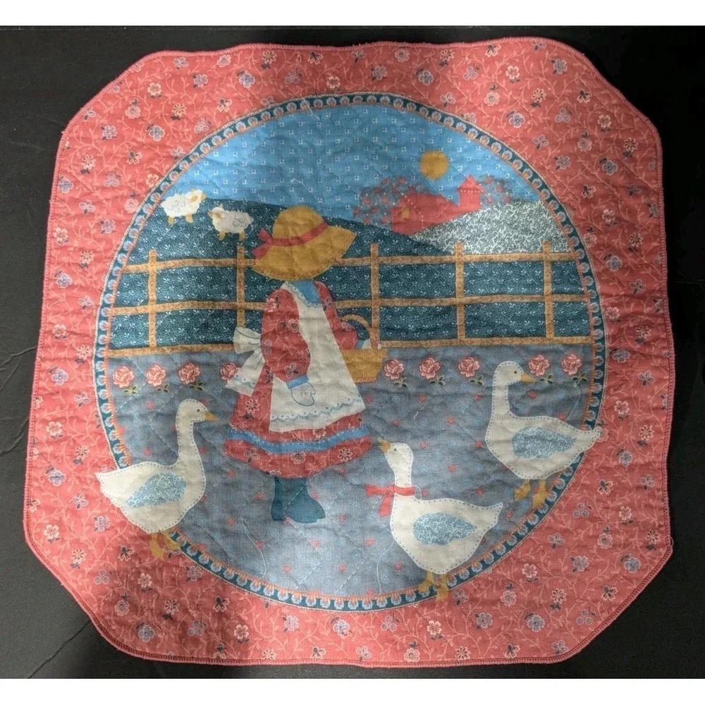 VTG Granny Cottage Core Farm Girl Feeding Geese Quilted Handmade Wall Decor